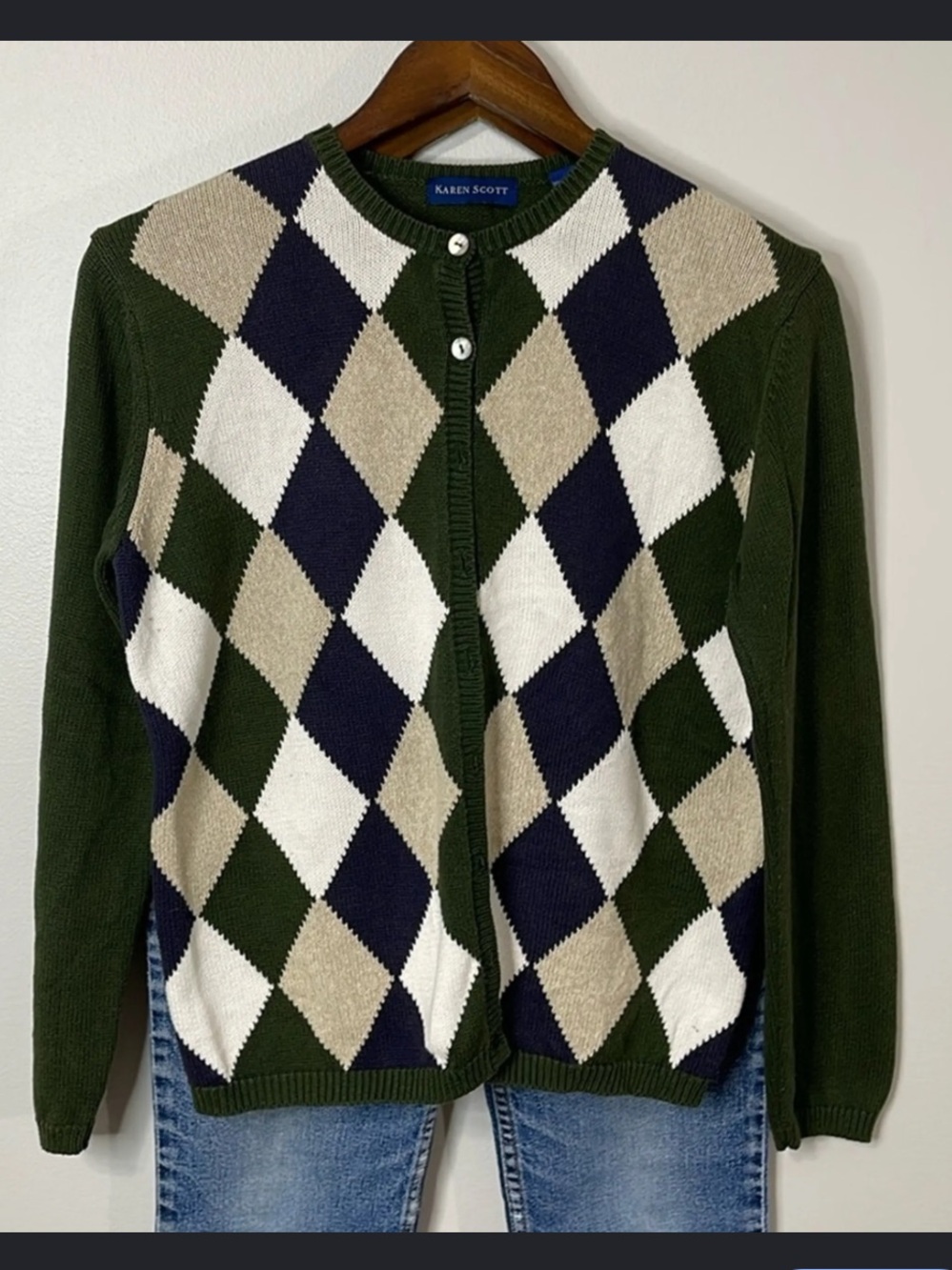 Hunter Green Argyle Sweater - green/white/tan/navy knit cardigan